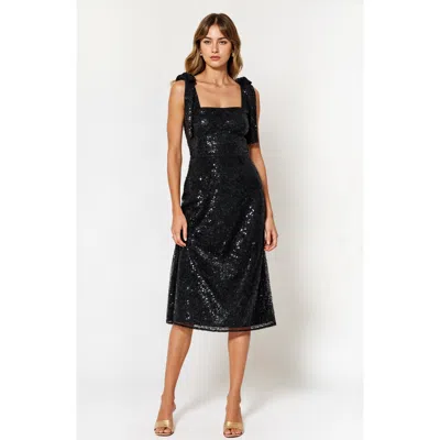 Modenaire Sequin Midi Dress With Tie Straps And Square Neckline In Black Sequin