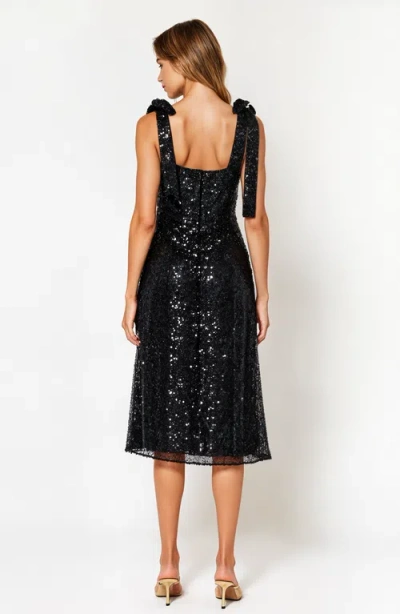 Modenaire Sequin Midi Dress With Tie Straps And Square Neckline In Black Sequin
