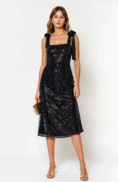 Modenaire Sequin Midi Dress With Tie Straps And Square Neckline In Black Sequin