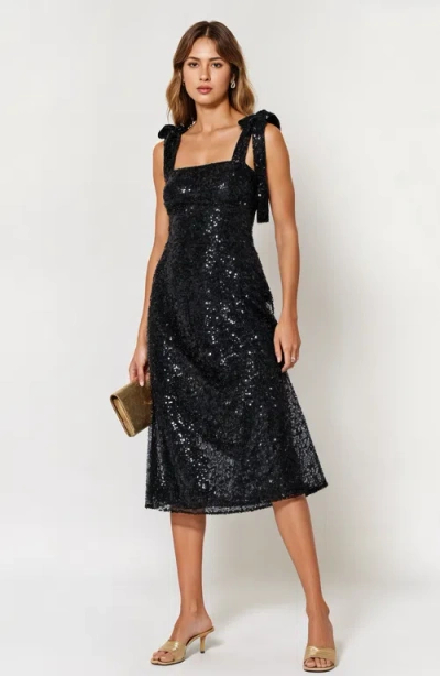 Modenaire Sequin Midi Dress With Tie Straps And Square Neckline In Black Sequin