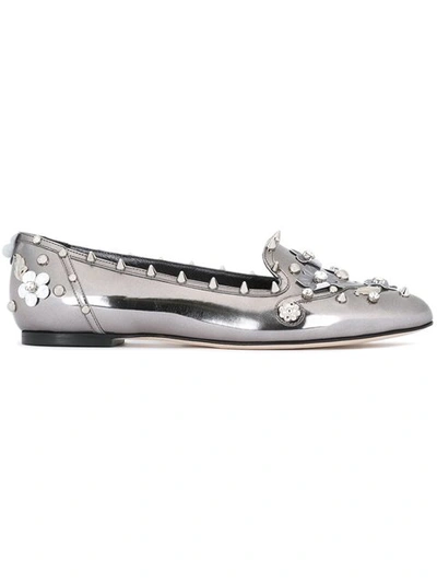 Dolce & Gabbana Studded Metallic Leather Loafers In Silver