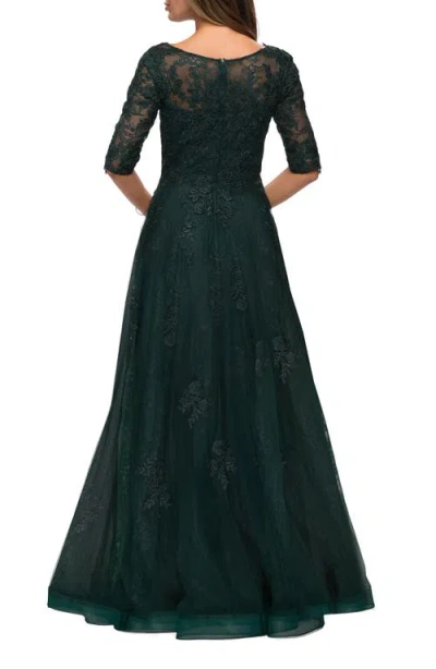 La Femme Lace And Tulle A-line Gown With Three Quarter Sleeves In Emerald