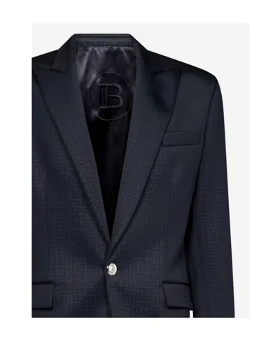 Balmain Monogram Jacquard Blazer In Blue