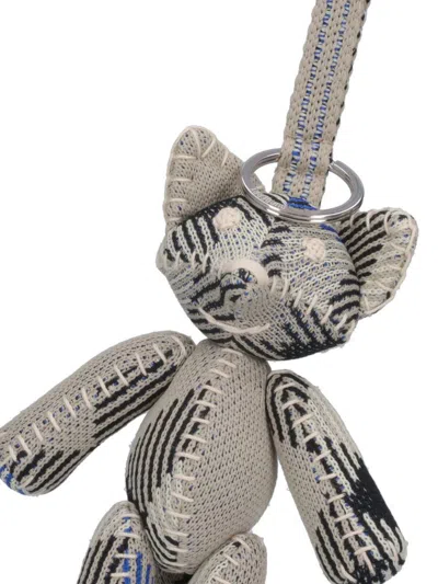 Burberry Teddy Bear Keyring In Textured Fabric With Unique Pattern In Grey