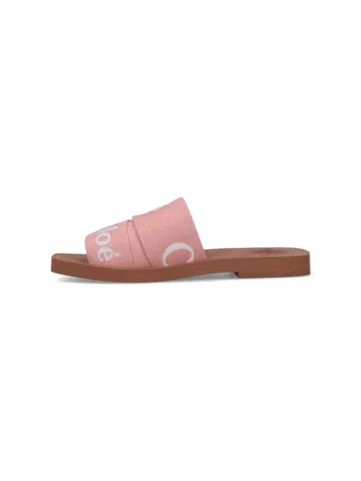 Chloé Pink Linen Blend Woody Slippers In Pink