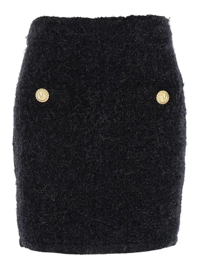 Balmain Black Pencil Mini Skirt With Jewel Buttons In Tweed Woman In Black