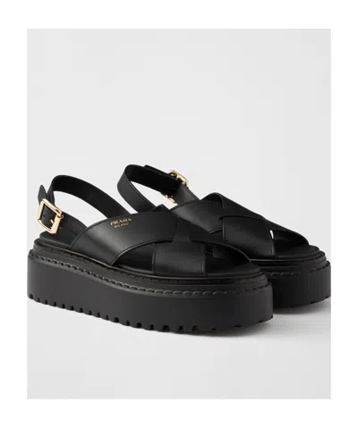 Prada Crossover Strap Detailed Slingback Sandals In Black