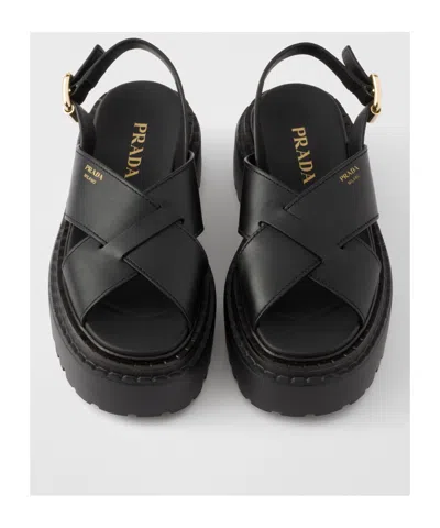 Prada Crossover Strap Detailed Slingback Sandals In Black