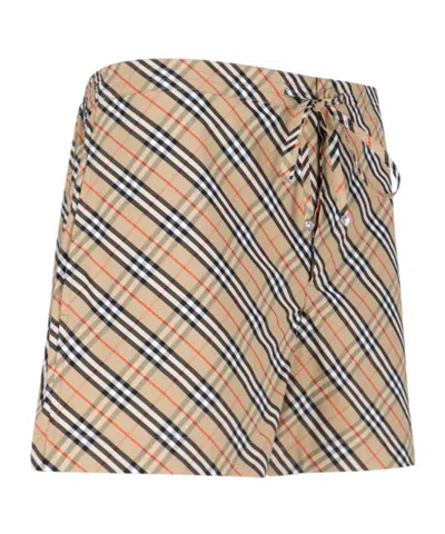 Burberry Women Beige Shorts With Elastic Drawstring Waist And All-over Check Motif In Cotton Woman In Nude