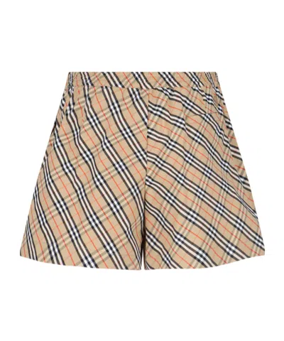 Burberry Women Beige Shorts With Elastic Drawstring Waist And All-over Check Motif In Cotton Woman In Nude