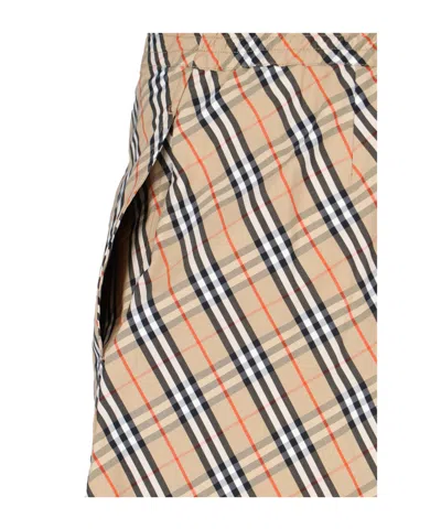 Burberry Women Beige Shorts With Elastic Drawstring Waist And All-over Check Motif In Cotton Woman In Nude