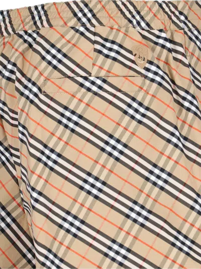Burberry Women Beige Shorts With Elastic Drawstring Waist And All-over Check Motif In Cotton Woman In Nude