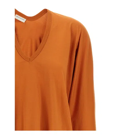 Dries Van Noten 'bis Hena' Long Sleeve V-neck T-shirt In Brown