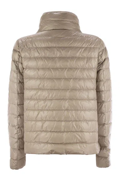 Herno Light Gray Reversible High Neck Down Jacket In Technical Fabric Woman In Beige/camel