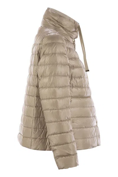 Herno Light Gray Reversible High Neck Down Jacket In Technical Fabric Woman In Beige/camel