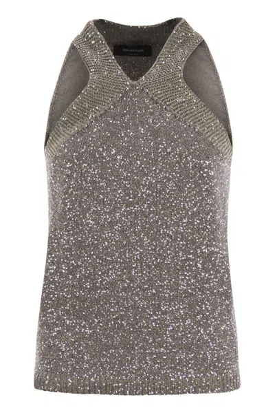 Fabiana Filippi Cotton Knit Tank Top With Sequins In Grey