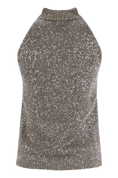 Fabiana Filippi Cotton Knit Tank Top With Sequins In Grey