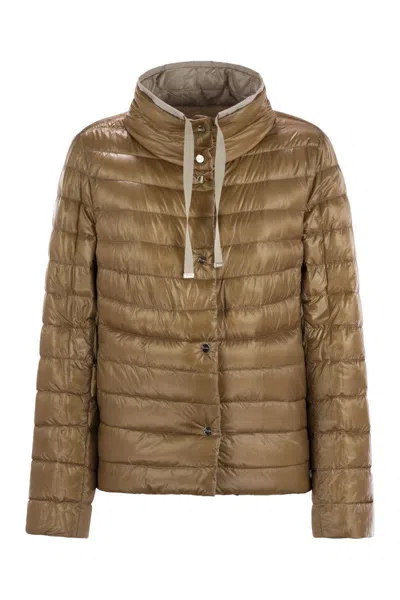 Herno Light Gray Reversible High Neck Down Jacket In Technical Fabric Woman In Beige/camel