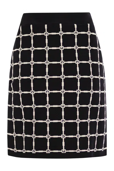 Elisabetta Franchi Black Jacquard Mini Skirt With Logo And Gold Buttons In Black/butter