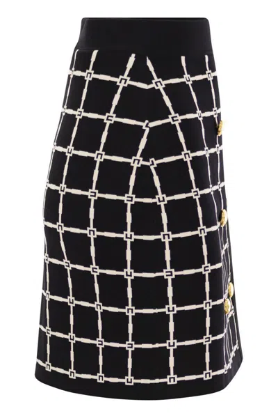 Elisabetta Franchi Black Jacquard Mini Skirt With Logo And Gold Buttons In Black/butter