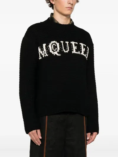 Alexander Mcqueen Mcqueen Textured Cotton Sweater With Inlaid Logo In Black