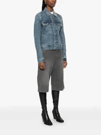 Rick Owens Drkshdw Denim Jacket With Waistbands And Pockets In Blue