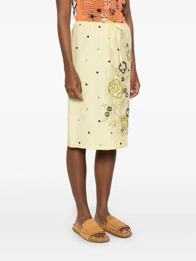 Kenzo Peonies Embroidered Drawstring Skirt In Yellow