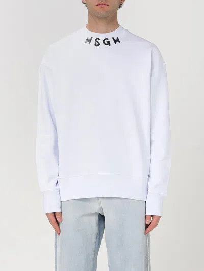 Msgm White Cotton Crewneck Sweatshirt Brush Logo Print On Neck In White