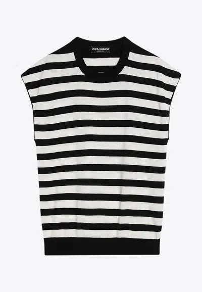 Dolce & Gabbana Black And White Sleeveless Top With Round Neck And All-over Strpied Motif In Monochrome