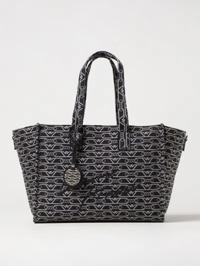 Emporio Armani Small Shopper Bag In Jacquard Canvas With All-over Monogram In Denim