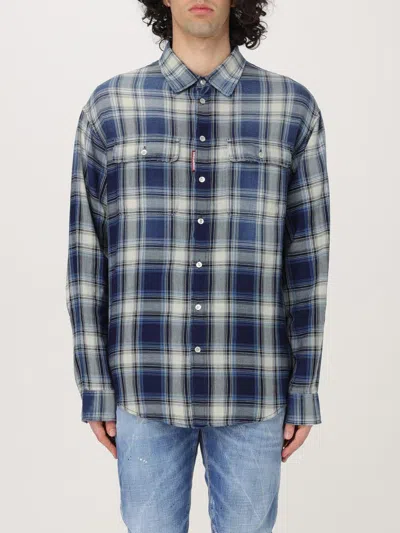 Dsquared2 Checked Pattern Shirt With Pockets And Collar In Blue