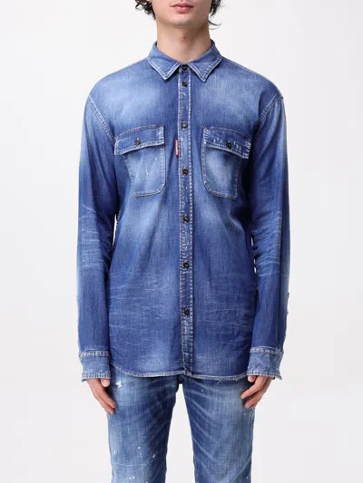 Dsquared2 Light Blue Jacket With Classic Collar And Logo Patch On The Front In Denim Man In Denim