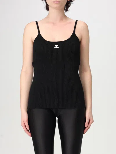 Courrèges Ribbed Spaghetti Strap Top With Elegant Logo Detail And Luxurious Fabric Blend In Black