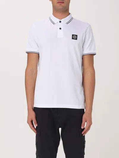 Stone Island Contrasting Trim Logo Patch Cotton Blend Polo Shirt In White