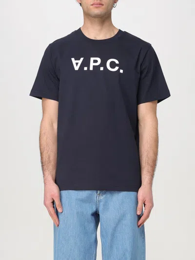 Apc A.p.c. Men Blue Crewneck T-shirt With Logo On The Front In Cotton Man In Blue