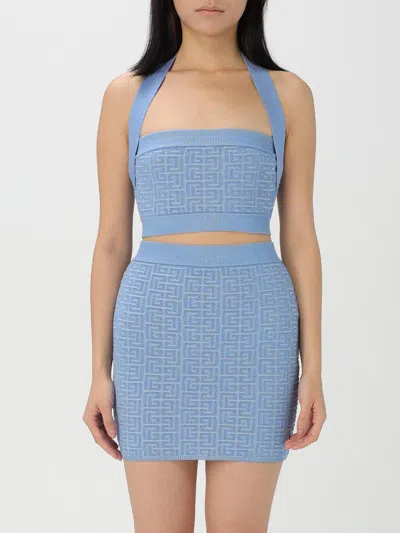 Balmain Knit Halterneck Top With Pb Labyrinth Monogram In Blue