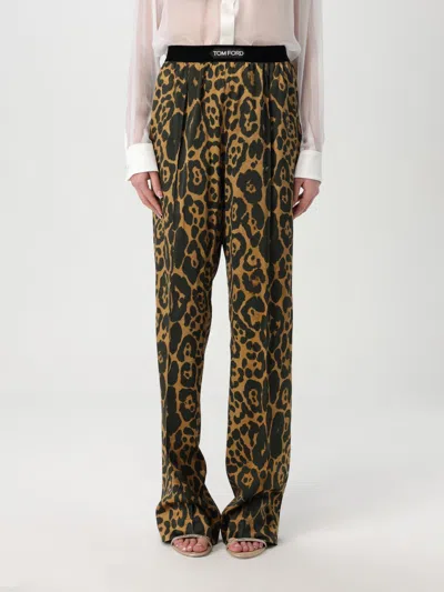 Tom Ford Multicolor Pants With Logo Patch On The Waist And All-over Leopard Print In Silk Stretch Wo In Brown