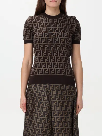 Fendi Women Brown T-shirt With Short Sleeves And All-over Ff Motiv In Cotton Woman In Black