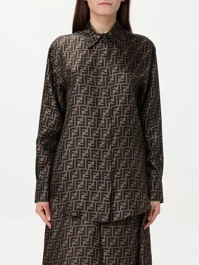 Fendi Silk Shirt With Curved Hem And Fabric-covered Buttons In Brown