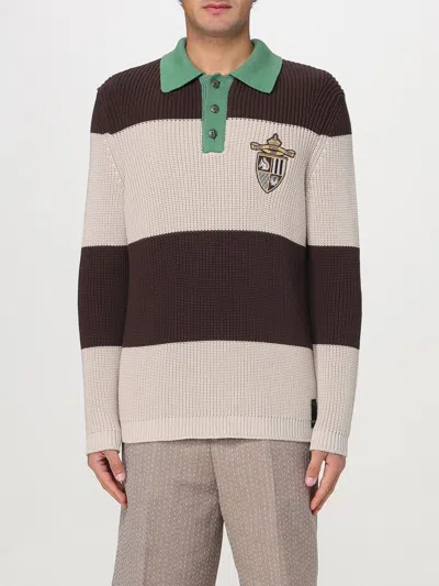 Fendi Knitted Cotton Polo Shirt With Brown And Beige Stripes In Multi
