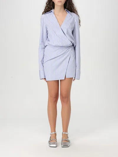 Attico Mini Striped Dress With V Neck, Long Sleeves, White And Navy Blue Cotton, Tied Waist In Blue