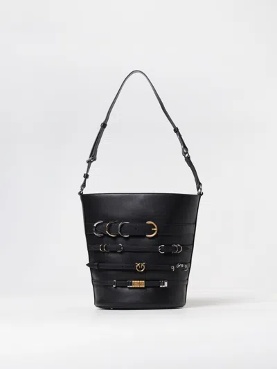 Pinko Metal Buckle Bucket Bag With Adjustable Strap In Black