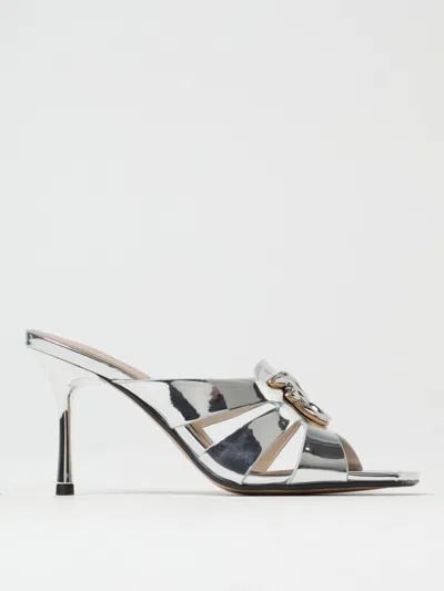 Pinko 85mm Metallic-leather Logo-plaque Sandals In Silver