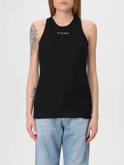 Pinko Crewneck Logo Ribbed Sleeveless Top In Black