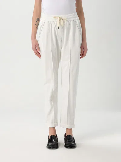 Brunello Cucinelli Cropped White Trousers With Adjustable Waistband In Natural