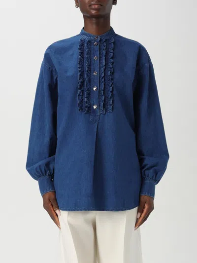 Valentino V-neck Ruffled Long Sleeves Top In Blue