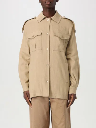 Alberta Ferretti Beige Jacket With Classic Collar And Epaulettes In Linen Blend Stretch Woman In Beige