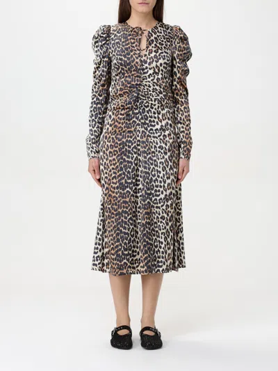 Ganni Black Viscose Twill Mini Dress In Marrone Scuri