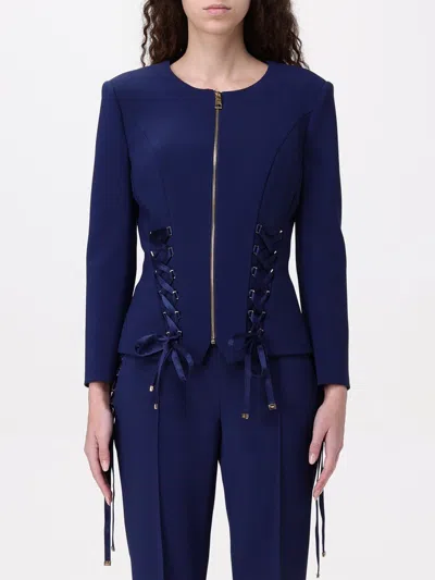 Elisabetta Franchi Lace-up Zip-front Jacket In Blue