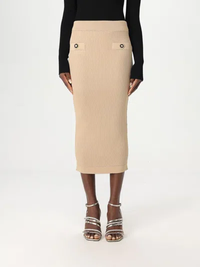 Balmain Ribbed Nude Viscose Blend Midi Skirt In Neutral